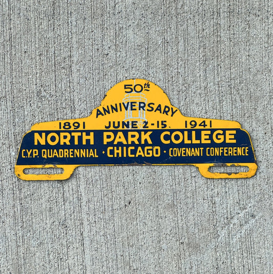 Photo of a 1941 North Park College Chicago Illinois License Plate Topper Auto Tag Garage Decor Vintage University Auto with original patina