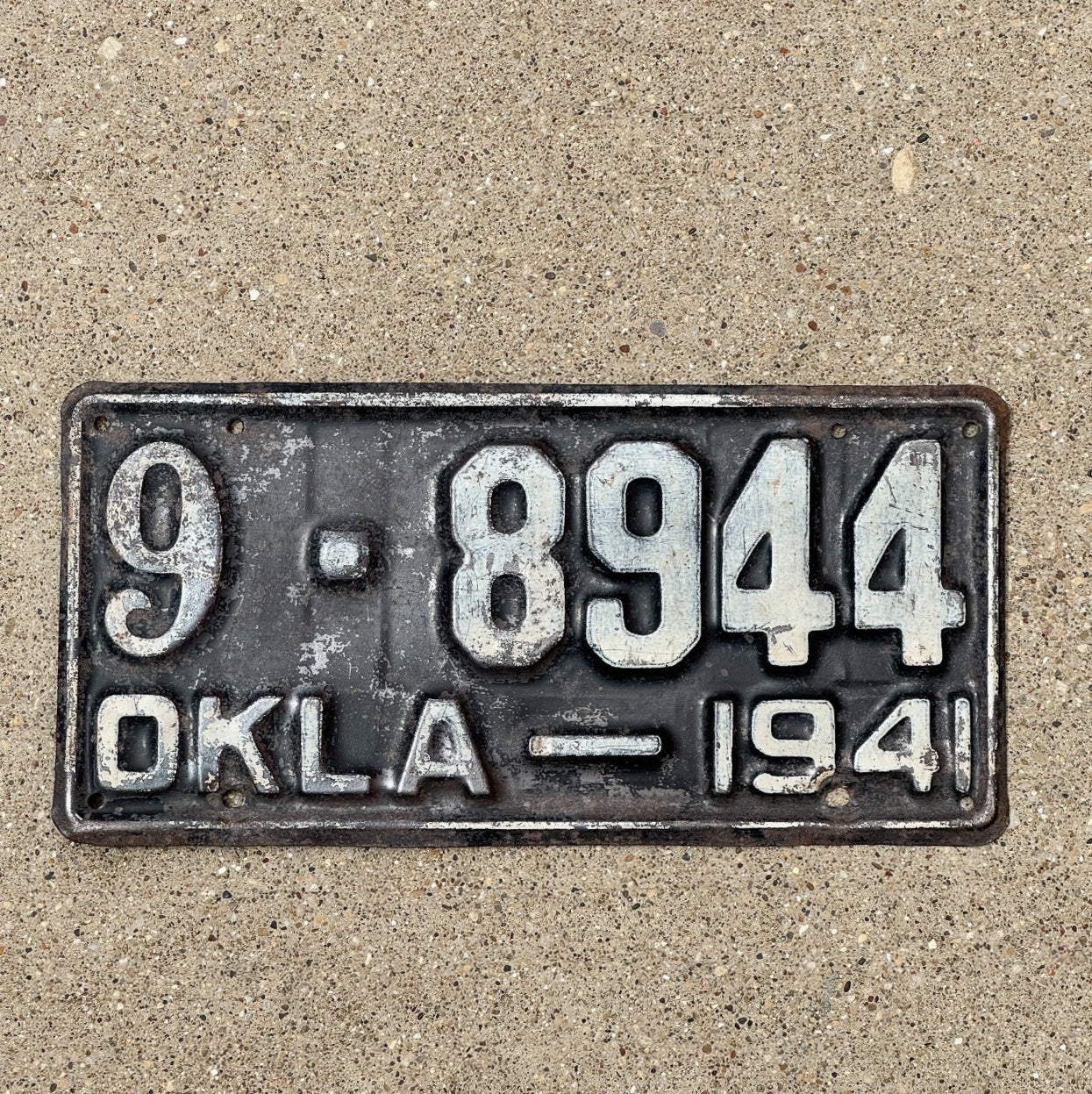 Photo of a 1941 Oklahoma License Plate Auto Tag Garage Decor Vintage 9 8944 with original patina