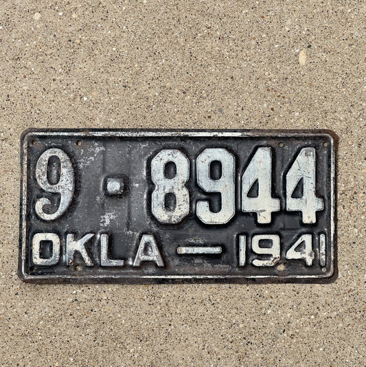 Photo of a 1941 Oklahoma License Plate Auto Tag Garage Decor Vintage 9 8944 with original patina