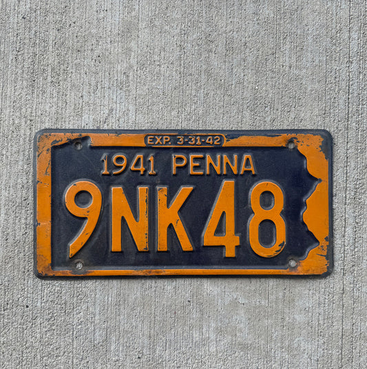 Photo of a 1941 Pennsylvania License Plate Auto Tag Garage Decor Vintage 9 NK 48 with original patina