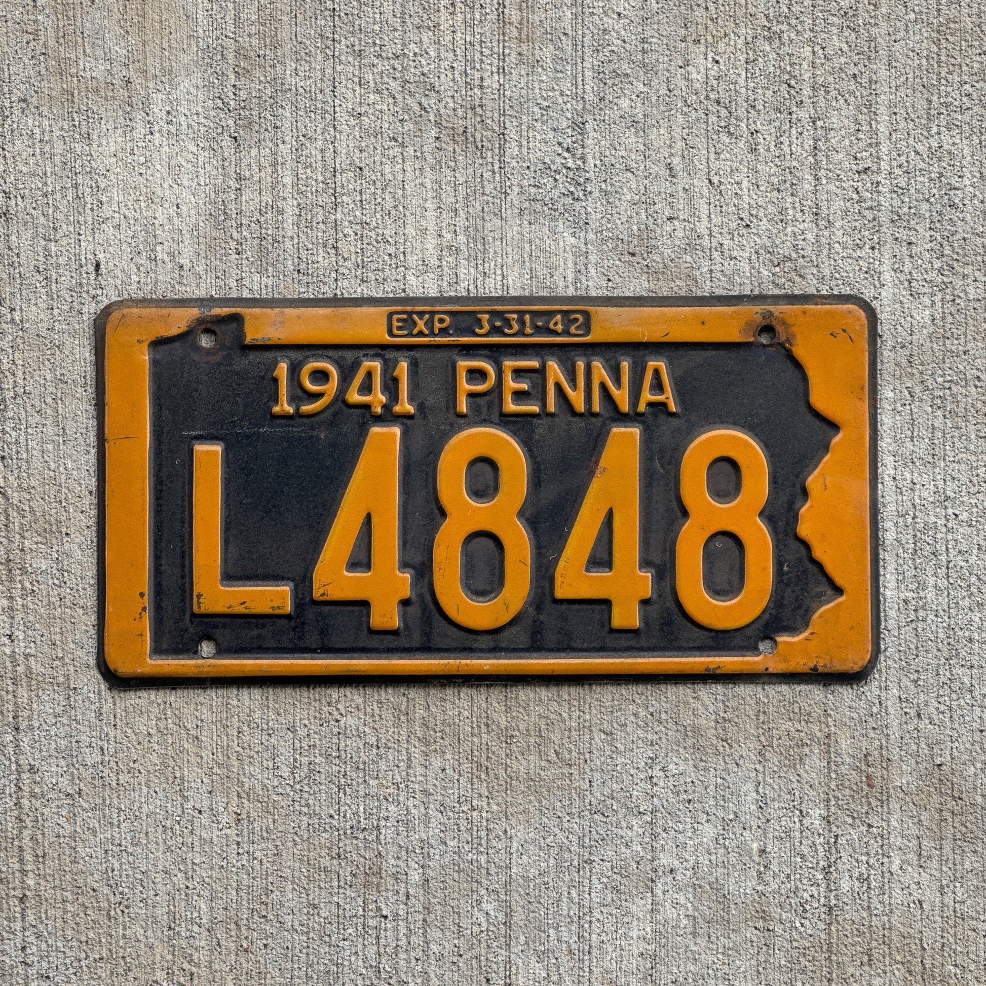Photo of a 1941 Pennsylvania License Plate Auto Tag Garage Decor Vintage L 4848 with original patina