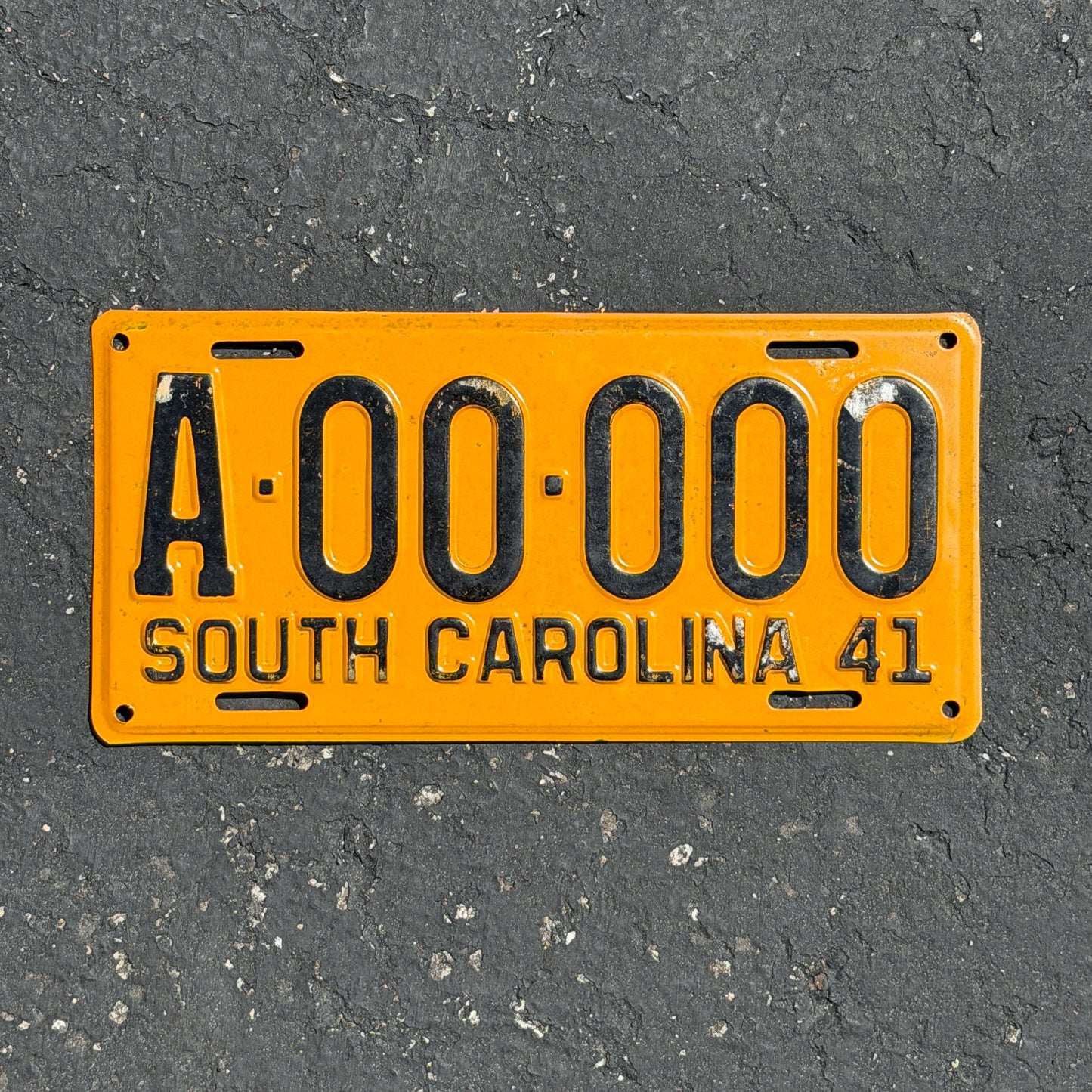Photo of a 1941 South Carolina Sample License Plate Auto Tag Garage Decor Vintage A 00 000 with original patina