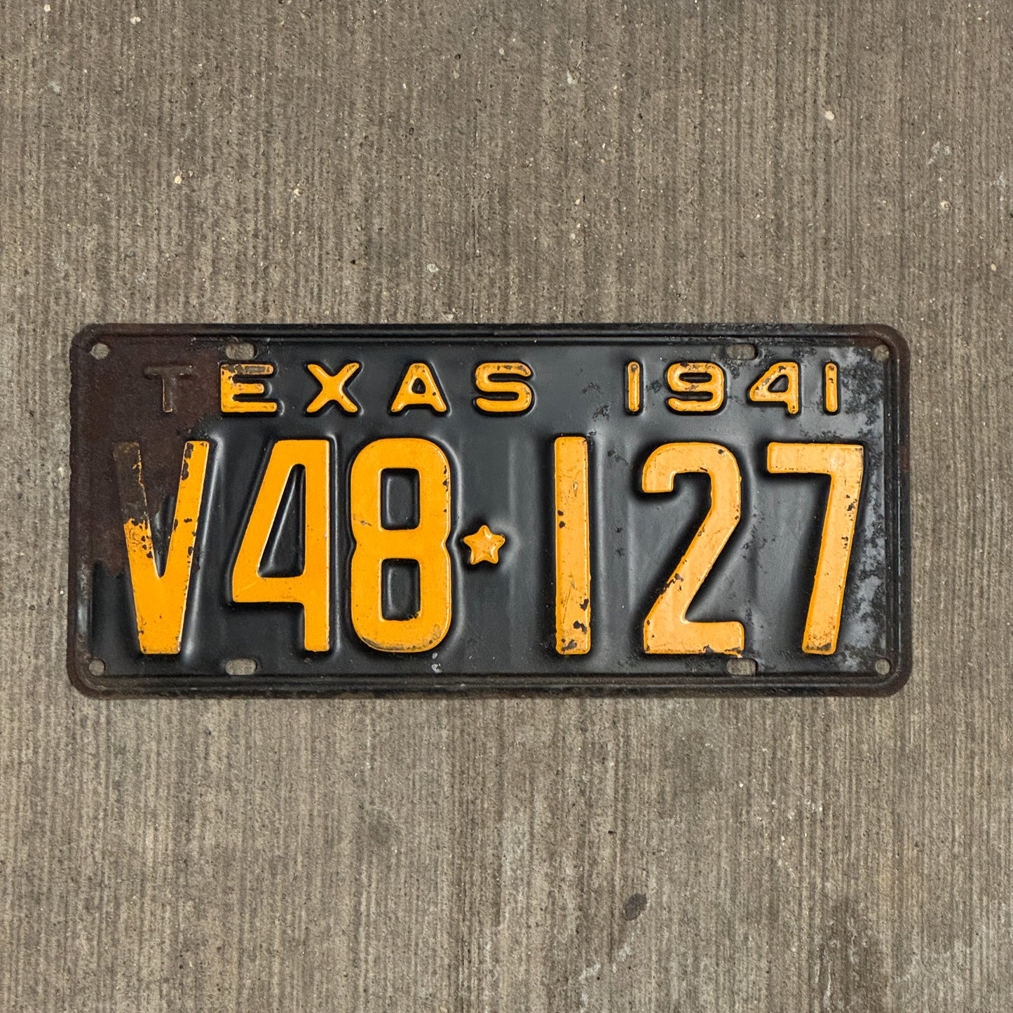 Photo of a 1941 Texas License Plate Auto Tag Garage Decor Vintage V48 127 with original patina