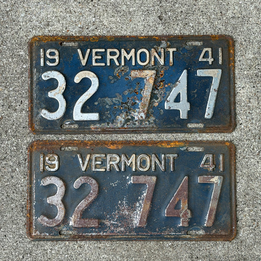 Photo of a 1941 Vermont License Plate Pair Auto Tag Garage Decor Vintage 32 747 with original patina