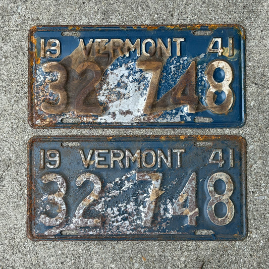 Photo of a 1941 Vermont License Plate Pair Auto Tag Garage Decor Vintage 32 748 with original patina