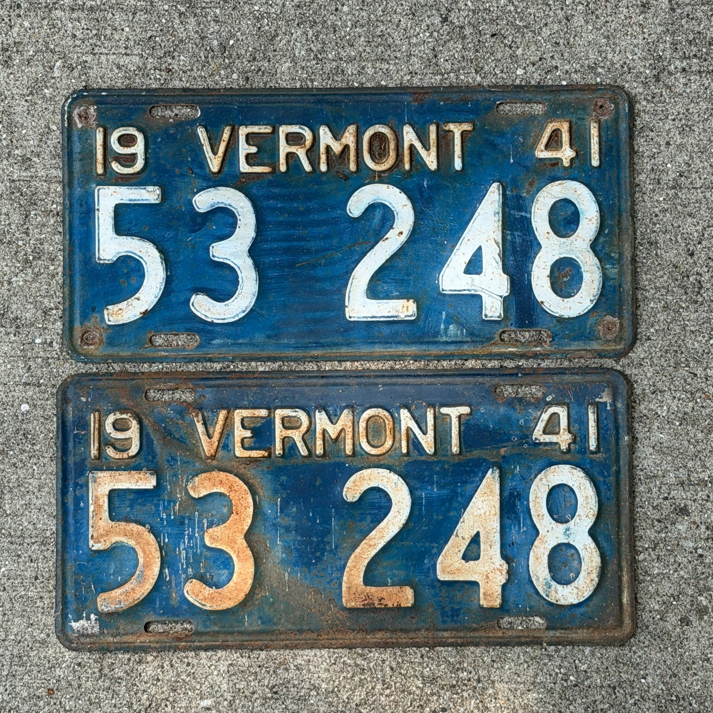 Photo of a 1941 Vermont License Plate Pair Auto Tag Garage Decor Vintage 53 248 with original patina