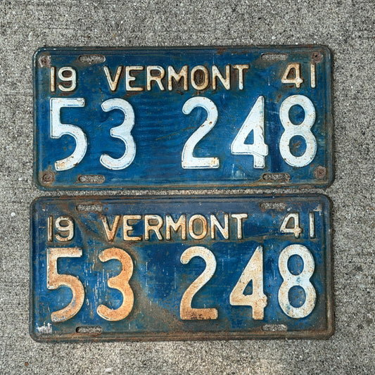 Photo of a 1941 Vermont License Plate Pair Auto Tag Garage Decor Vintage 53 248 with original patina