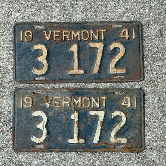 Photo of a 1941 Vermont License Plate Pair Auto Tag Garage Decor Vintage Low Number Four Digit 3 172 with original patina