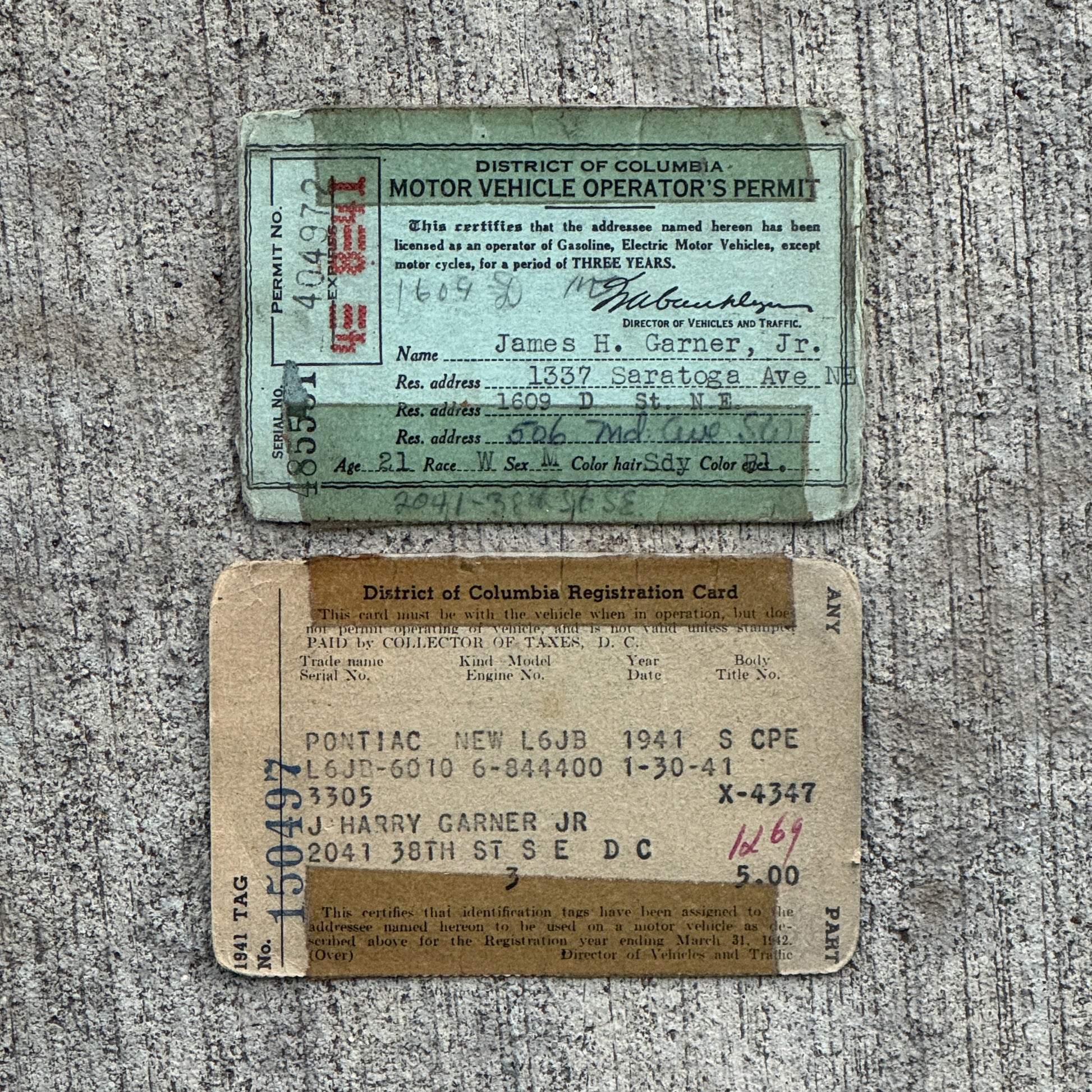 Photo of a 1941 Washington DC Driver's License Washington DC License Plate Topper Auto Tag Garage Decor Vintage Operator's Permit Pontiac with original patina