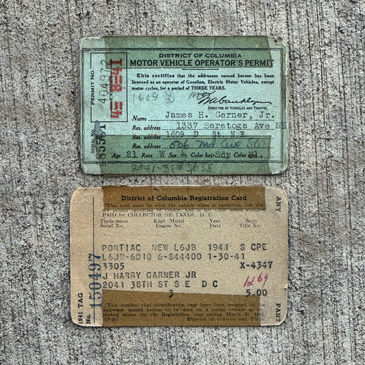 Photo of a 1941 Washington DC Driver's License Washington DC License Plate Topper Auto Tag Garage Decor Vintage Operator's Permit Pontiac with original patina