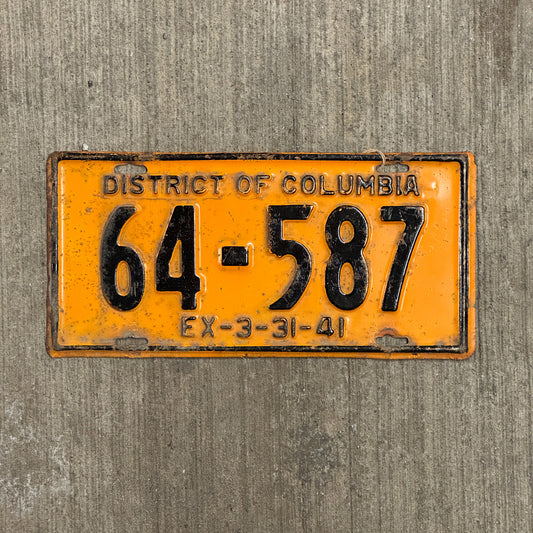 Photo of a 1941 Washington DC License Plate Auto Tag Garage Decor Vintage 64 587 with original patina