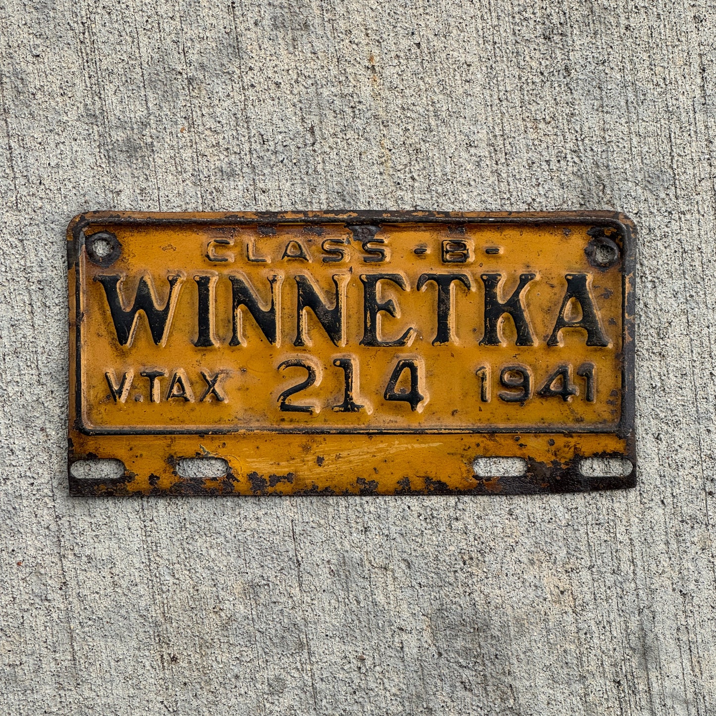 Photo of a 1941 Winnetka Illinois Tax Tag License Plate Topper Auto Tag Garage Decor Vintage Class B 214 with original patina