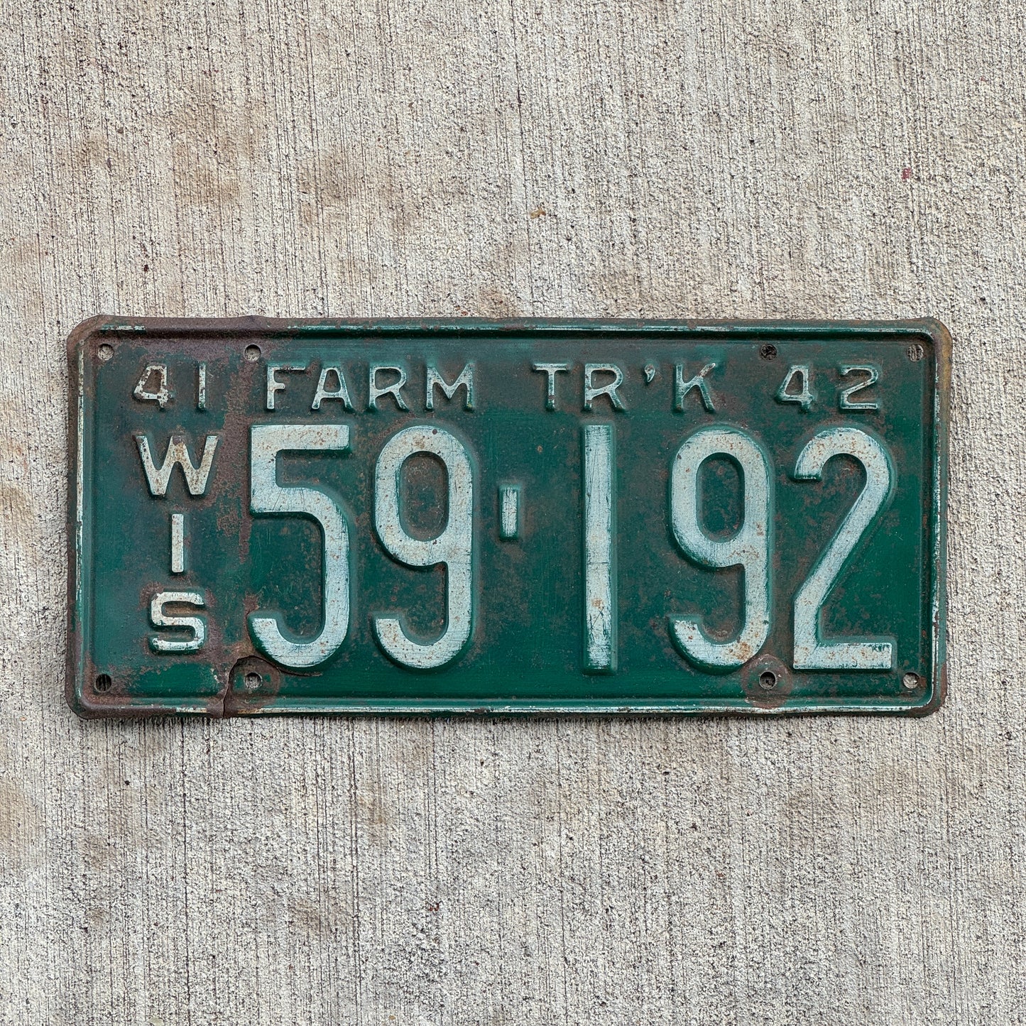 Photo of a 1941 Wisconsin Farm Truck License Plate Auto Tag Garage Decor Vintage 59 192 with original patina