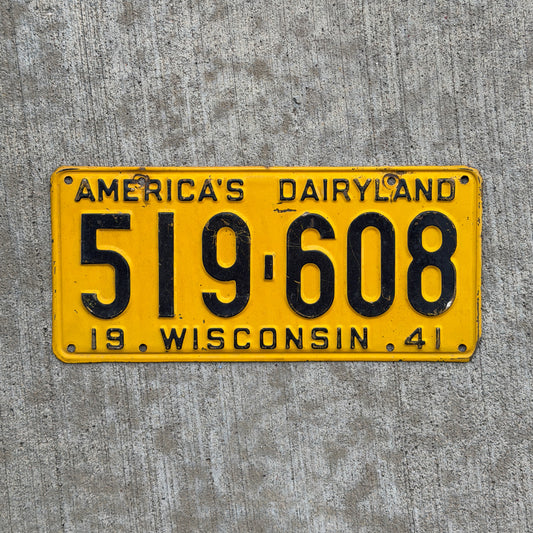 Photo of a 1941 Wisconsin License Plate Auto Tag Garage Decor Vintage 519 608 with original patina