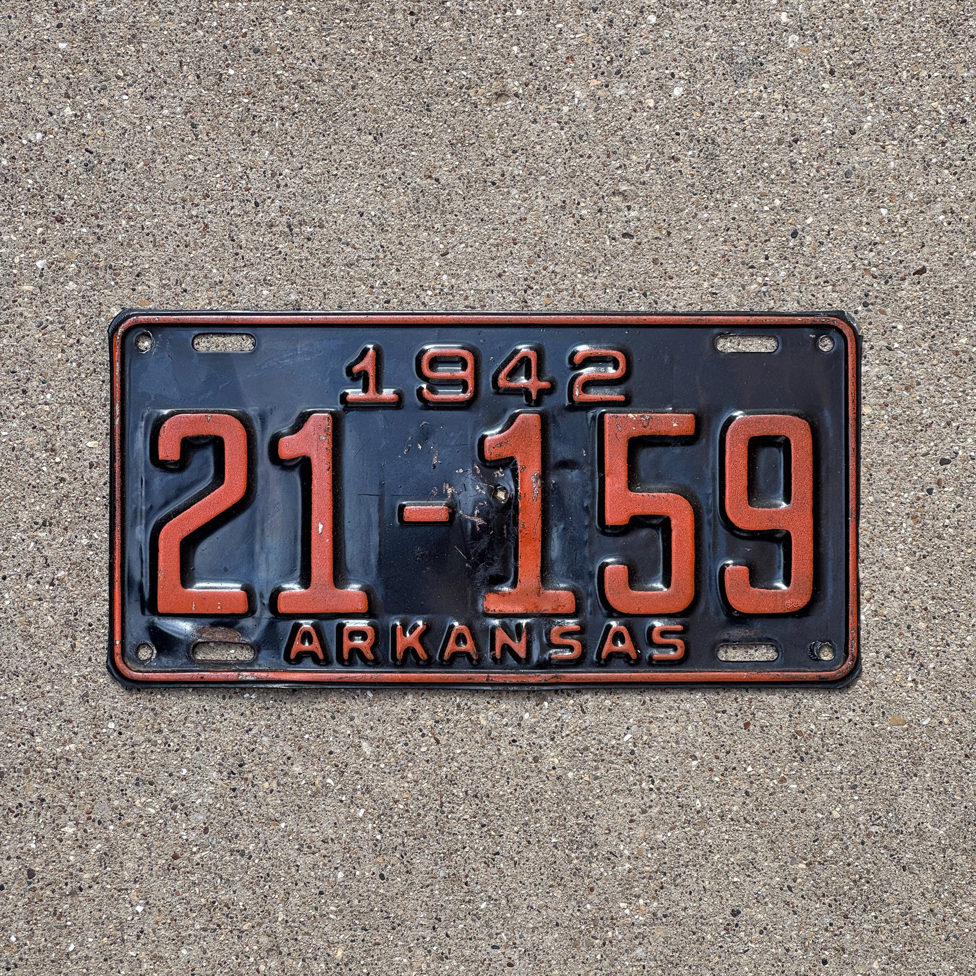 Photo of a 1942 Arkansas License Plate Auto Tag Garage Decor Vintage 21 159 with original patina