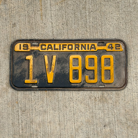 Photo of a 1942 California License Plate Auto Tag Garage Decor Vintage Natural Base 1 V 898 with original patina