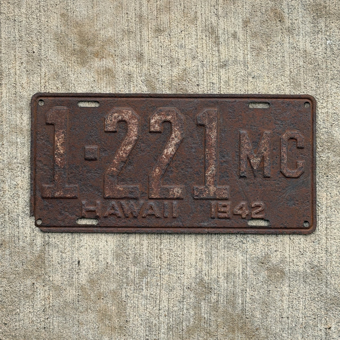 Photo of a 1942 Hawaii License Plate Auto Tag Garage Decor Vintage Maui County ALPCA Archive Example 1 221 MC with original patina