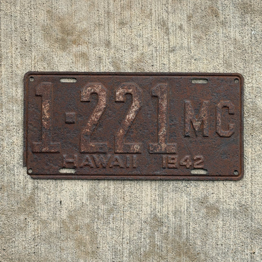 Photo of a 1942 Hawaii License Plate Auto Tag Garage Decor Vintage Maui County ALPCA Archive Example 1 221 MC with original patina