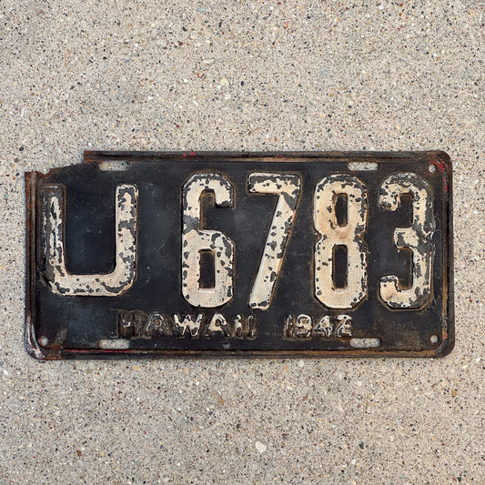 Photo of a 1942 Hawaii License Plate Auto Tag Garage Decor Vintage Pre Statehood WWII Honolulu County U 6783 with original patina