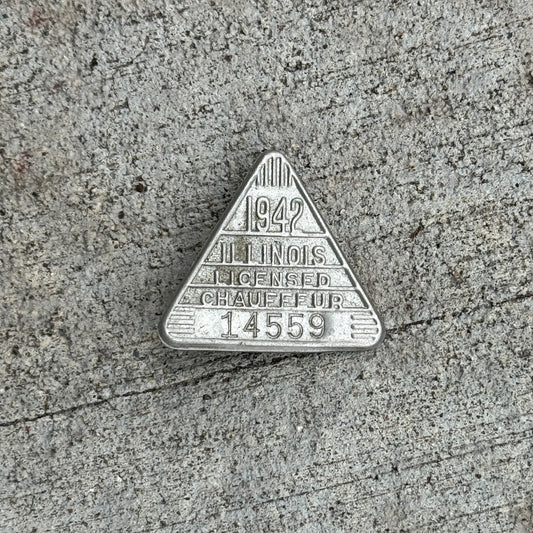 Photo of a 1942 Illinois Chauffeur Badge License Plate Auto Tag Garage Decor Vintage Pin Vintage Automobilia 14559 with original patina