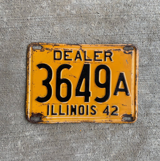 Photo of a 1942 Illinois Dealer License Plate Auto Tag Garage Decor Vintage Low Number Four Digit 3649 A with original patina