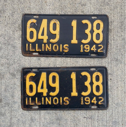 Photo of a 1942 Illinois License Plate Pair Auto Tag Garage Decor Vintage 649 138 with original patina