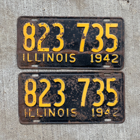 Photo of a 1942 Illinois License Plate Pair Auto Tag Garage Decor Vintage 823 735 with original patina