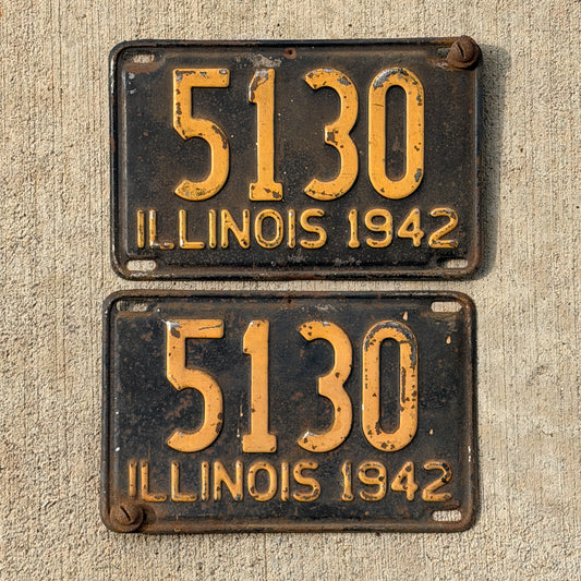 Photo of a 1942 Illinois License Plate Pair Auto Tag Garage Decor Vintage Low Number Four Digit 5130 with original patina
