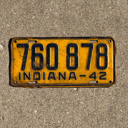 Photo of a 1942 Indiana License Plate Auto Tag Garage Decor Vintage 760 878