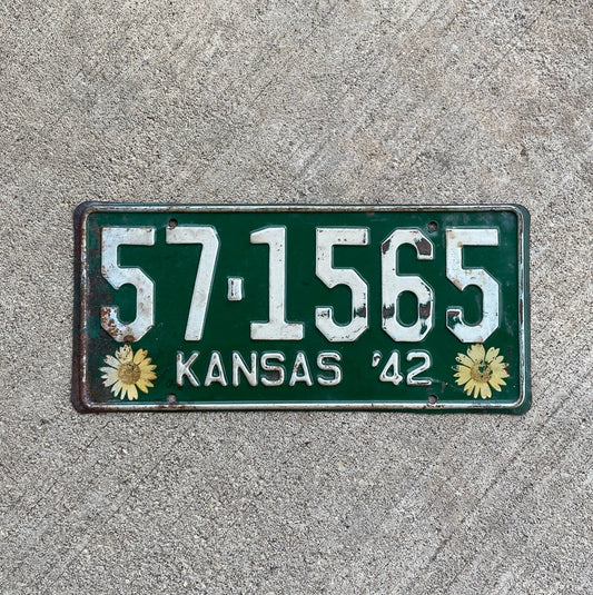 Photo of a 1942 Kansas License Plate Auto Tag Garage Decor Vintage Iconic Sunflowers 57 1565 with original patina