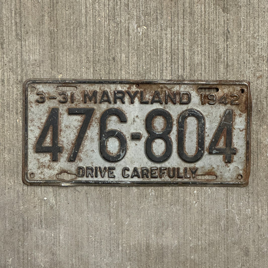 Photo of a 1942 Maryland License Plate Auto Tag Garage Decor Vintage 476 804 with original patina