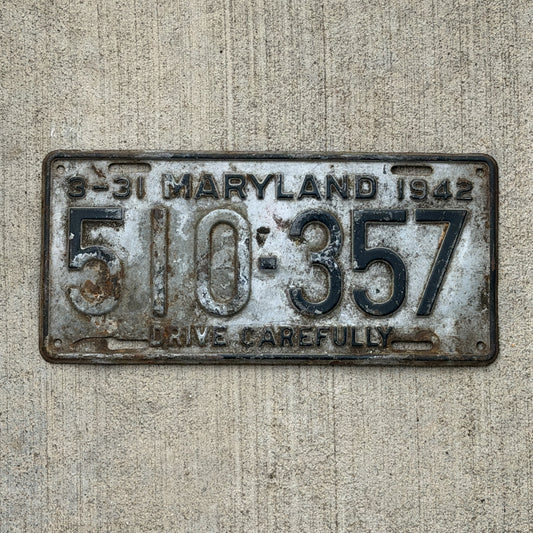 Photo of a 1942 Maryland License Plate Auto Tag Garage Decor Vintage 510 357 with original patina