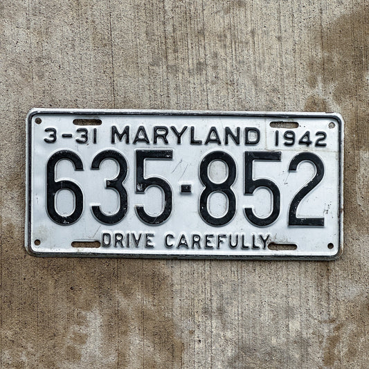 Photo of a 1942 Maryland License Plate Auto Tag Garage Decor Vintage High Quality 635 852 with original patina