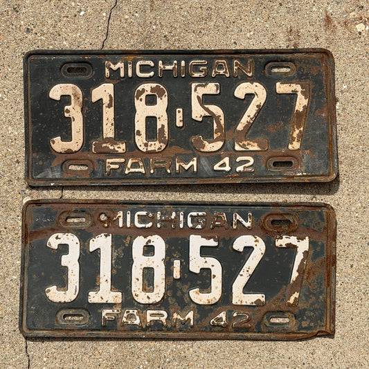 Photo of a 1942 Michigan Farm License Plate Pair Auto Tag Garage Decor Vintage 318 527 with original patina