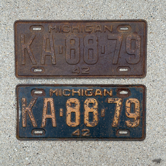 Photo of a 1942 Michigan License Plate Pair Auto Tag Garage Decor Vintage KA 88 79 with original patina