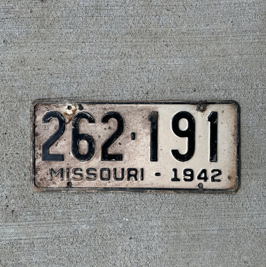 Photo of a 1942 Missouri License Plate Auto Tag Garage Decor Vintage 262 191 with original patina