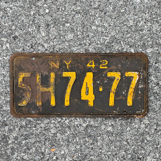 Photo of a 1942 New York License Plate Auto Tag Garage Decor Vintage 5H 74 77