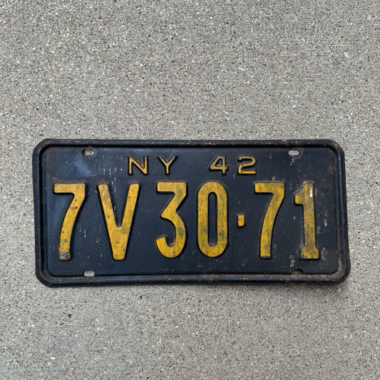 Photo of a 1942 New York License Plate Auto Tag Garage Decor Vintage Single Plate Year 7V 30 71 with original patina