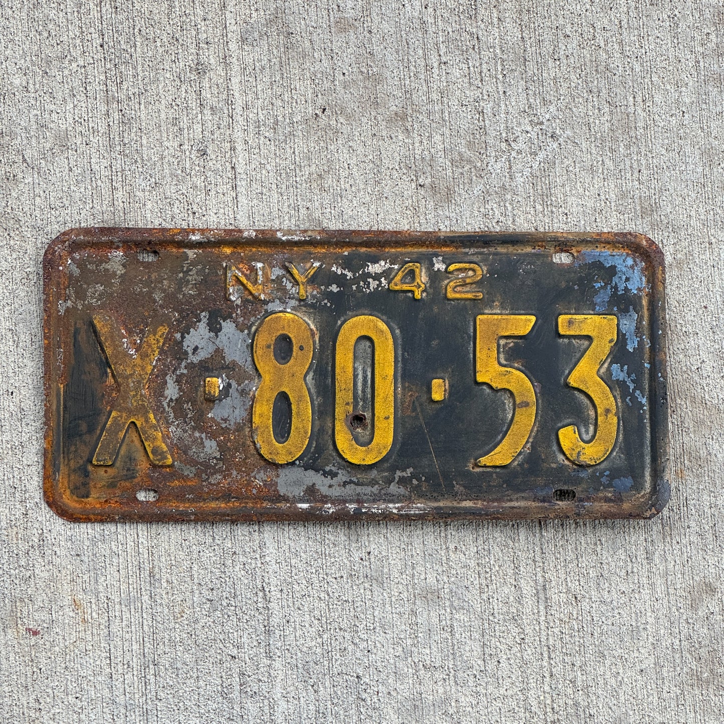 Photo of a 1942 New York License Plate Auto Tag Garage Decor Vintage X 80 53 with original patina