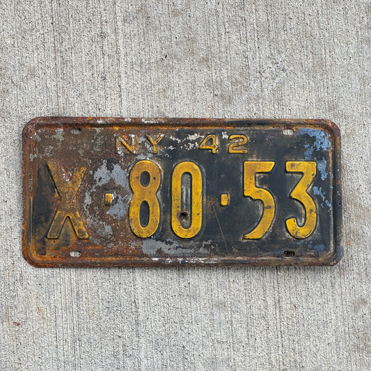 Photo of a 1942 New York License Plate Auto Tag Garage Decor Vintage X 80 53 with original patina
