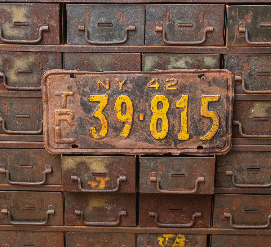 Photo of a 1942 New York Trailer License Plate Auto Tag Garage Decor Vintage 39 815 with original patina