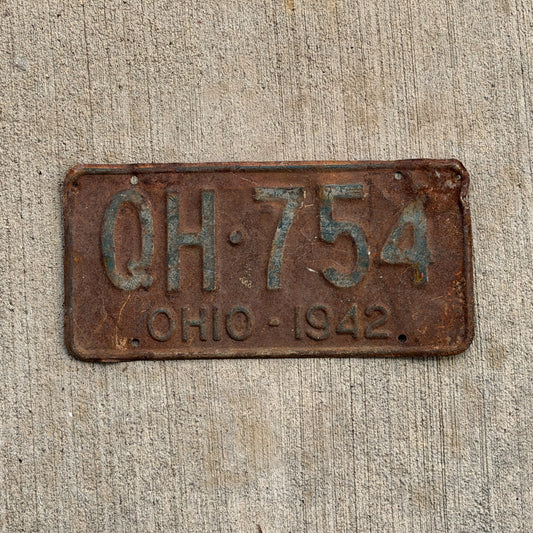 Photo of a 1942 Ohio License Plate Auto Tag Garage Decor Vintage QH 754 with original patina