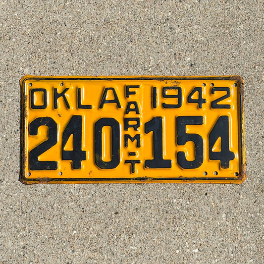Photo of a 1942 Oklahoma Farm Truck License Plate Auto Tag Garage Decor Vintage 240 154 with original patina