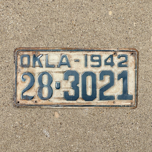 Photo of a 1942 Oklahoma License Plate Auto Tag Garage Decor Vintage 28 3021 with original patina