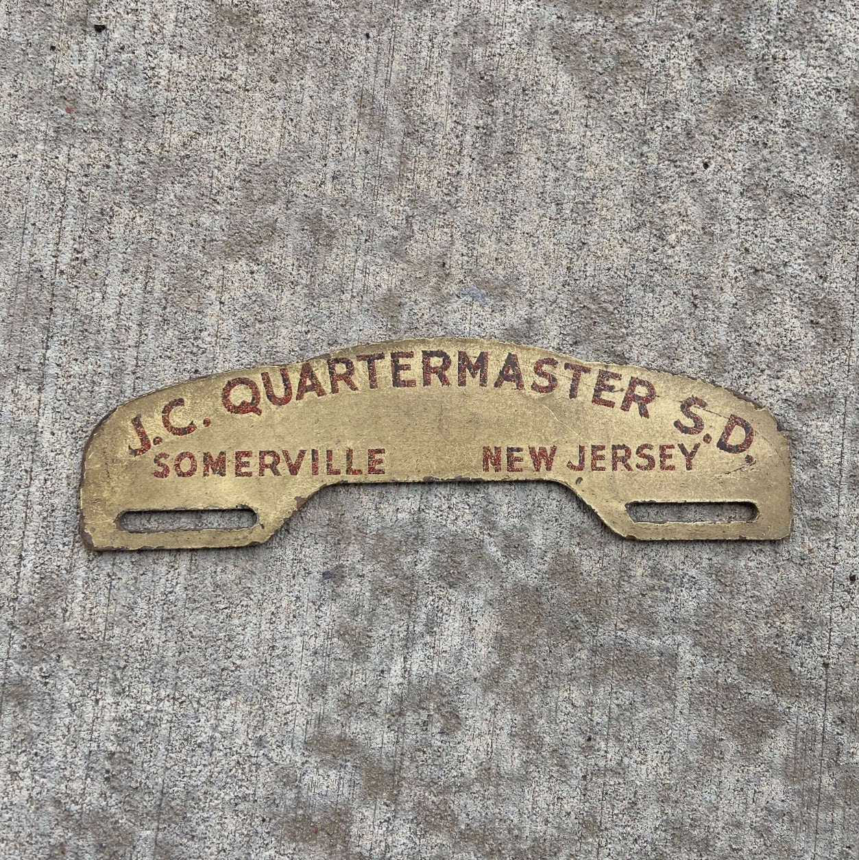 Photo of a 1942 Somerville Quartermaster Sub-Depot New Jersey Fiberboard License Plate Topper Auto Tag Garage Decor Vintage Army with original patina