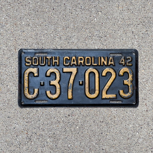 Photo of a 1942 South Carolina License Plate Auto Tag Garage Decor Vintage C 37 023 with original patina