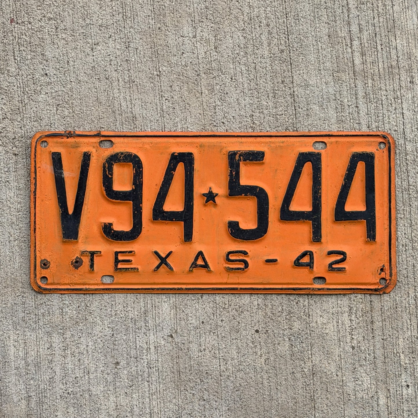 Photo of a 1942 Texas License Plate Auto Tag Garage Decor Vintage V94 544 with original patina