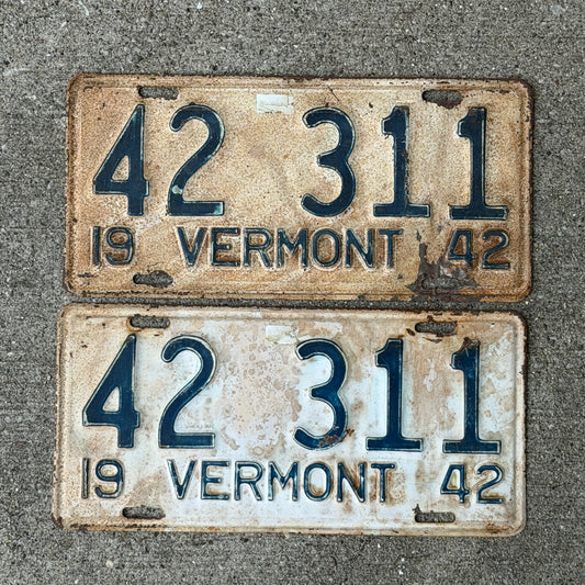 Photo of a 1942 Vermont License Plate Pair Auto Tag Garage Decor Vintage 42 311 with original patina