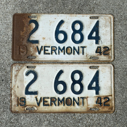 Photo of a 1942 Vermont License Plate Pair Auto Tag Garage Decor Vintage Low Number Four Digit 2 684 with original patina