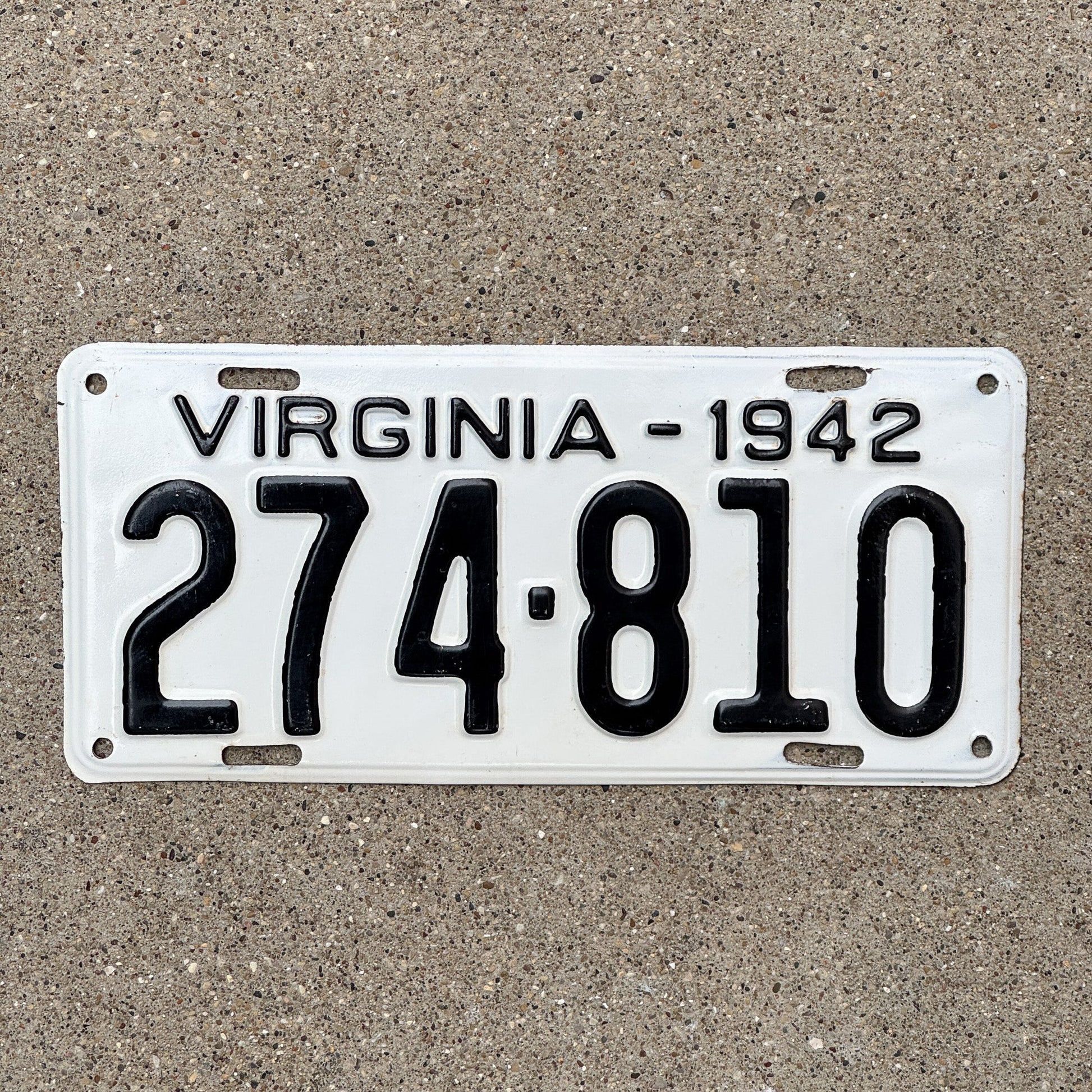 Photo of a 1942 Virginia License Plate Auto Tag Garage Decor Vintage High Quality 274 810 with original patina